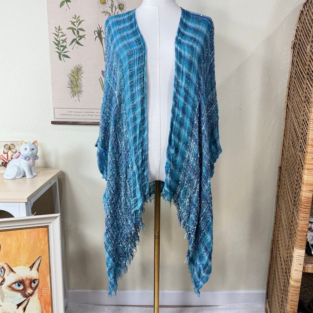 Metallic Sequin Fringe Poncho Wrap Boho Hippie Coastal Cowgirl Grandma Beachy OS